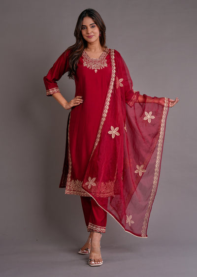 Maroon Silk Straight Cut Suit