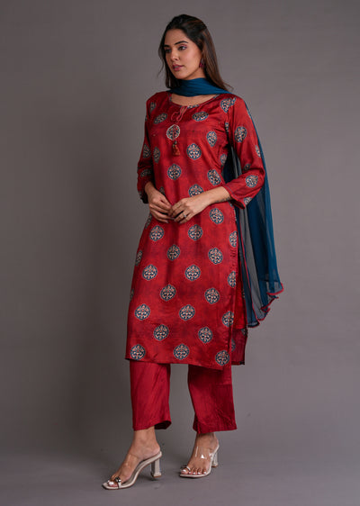 Maroon Muslin Straight Cut Suit