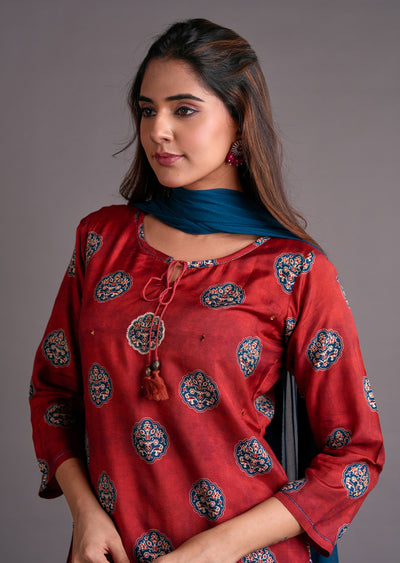 Maroon Muslin Straight Cut Suit