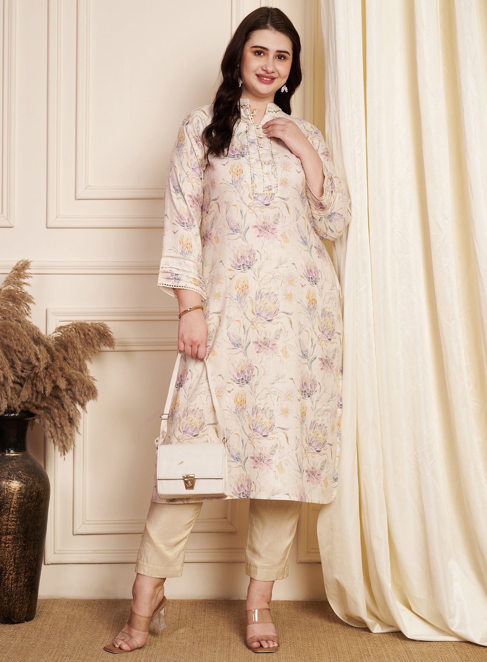 Beige Linen Cotton Straight Cut Kurti