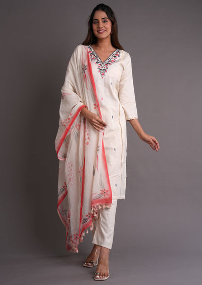 Off White & Coral Cotton Straight Cut Suit