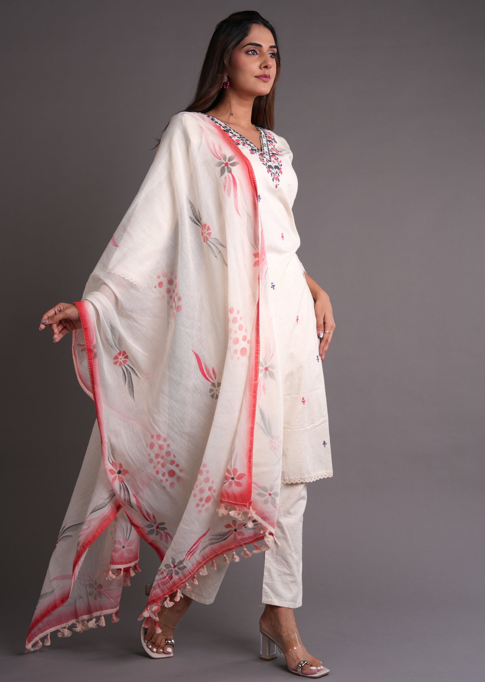 Off White & Coral Cotton Straight Cut Suit