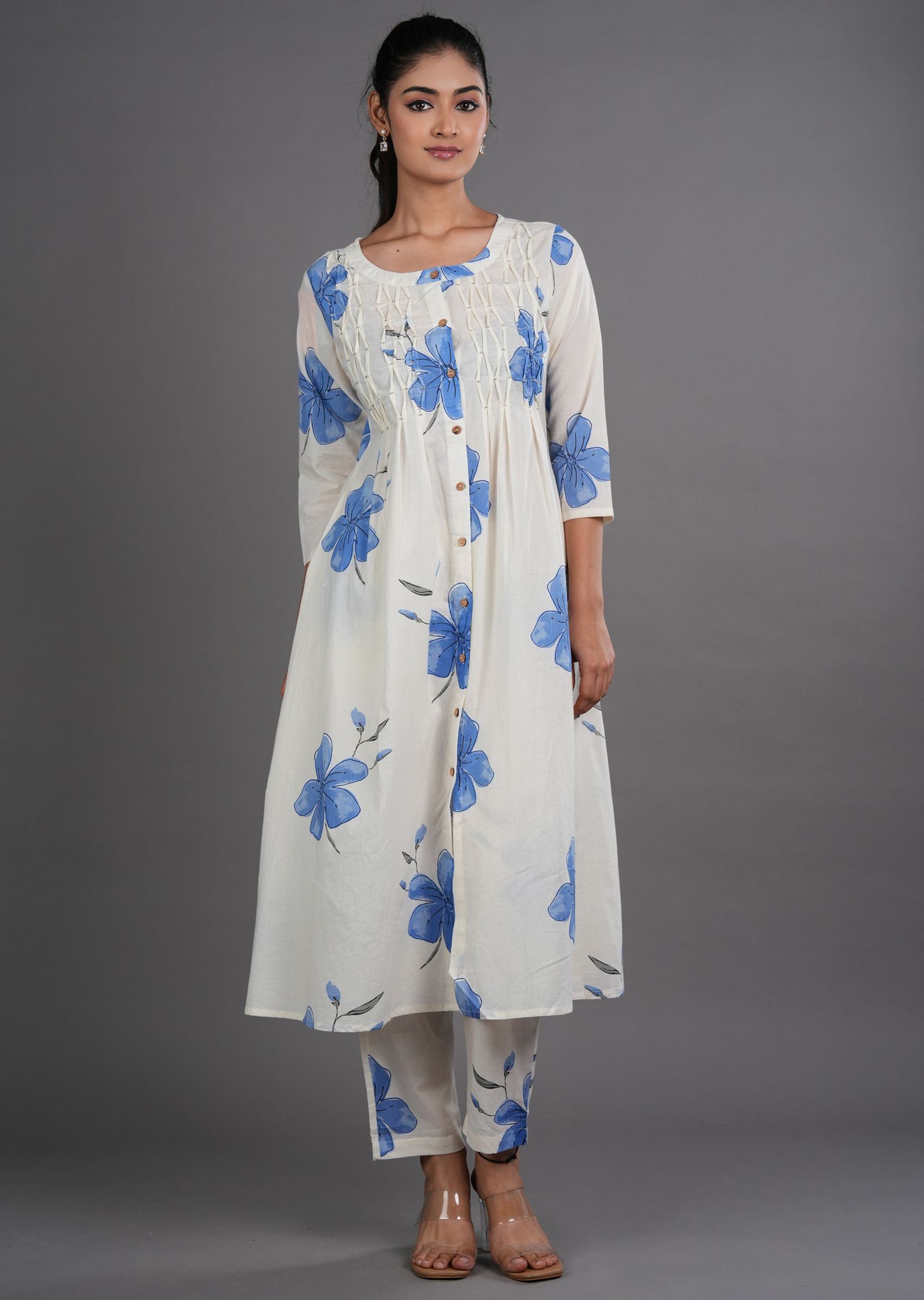 Blue Cotton Straight Cut Kurti Set