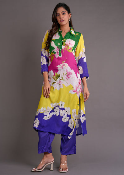 Multi Colour Muslin Straight Cut Kurti Set