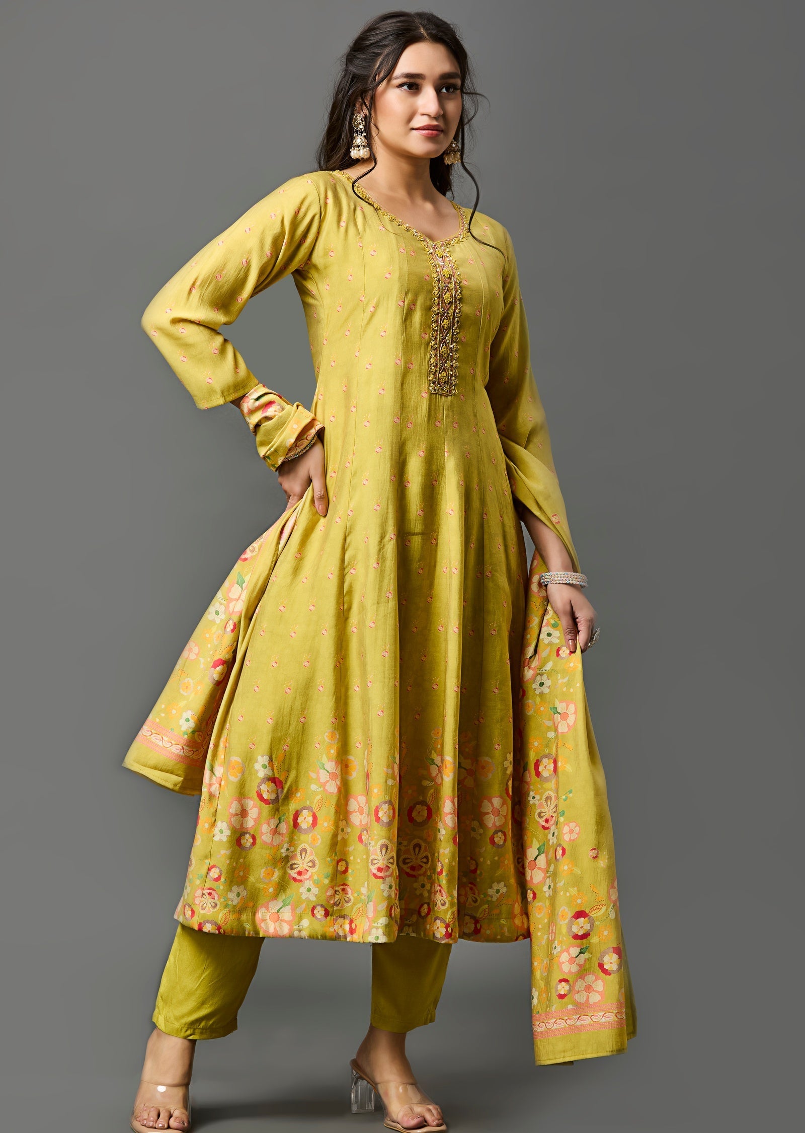 Lime Green Silk Anarkali Suit