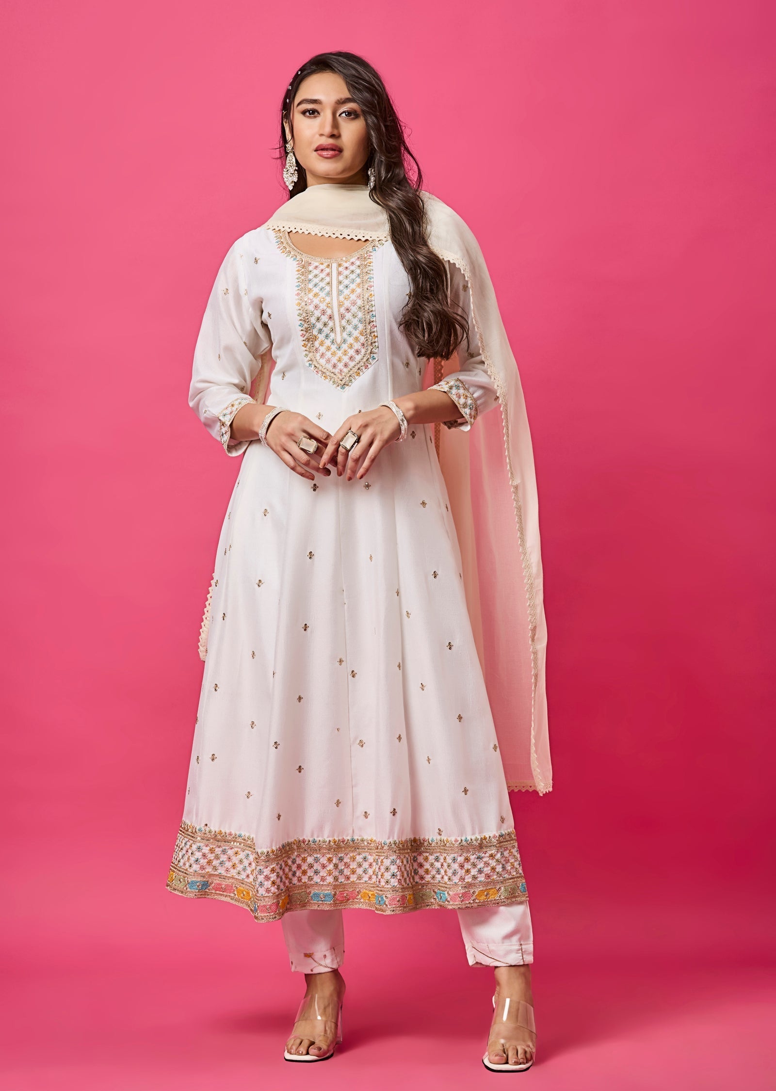 Off White Soft Silk Anarkali Suit