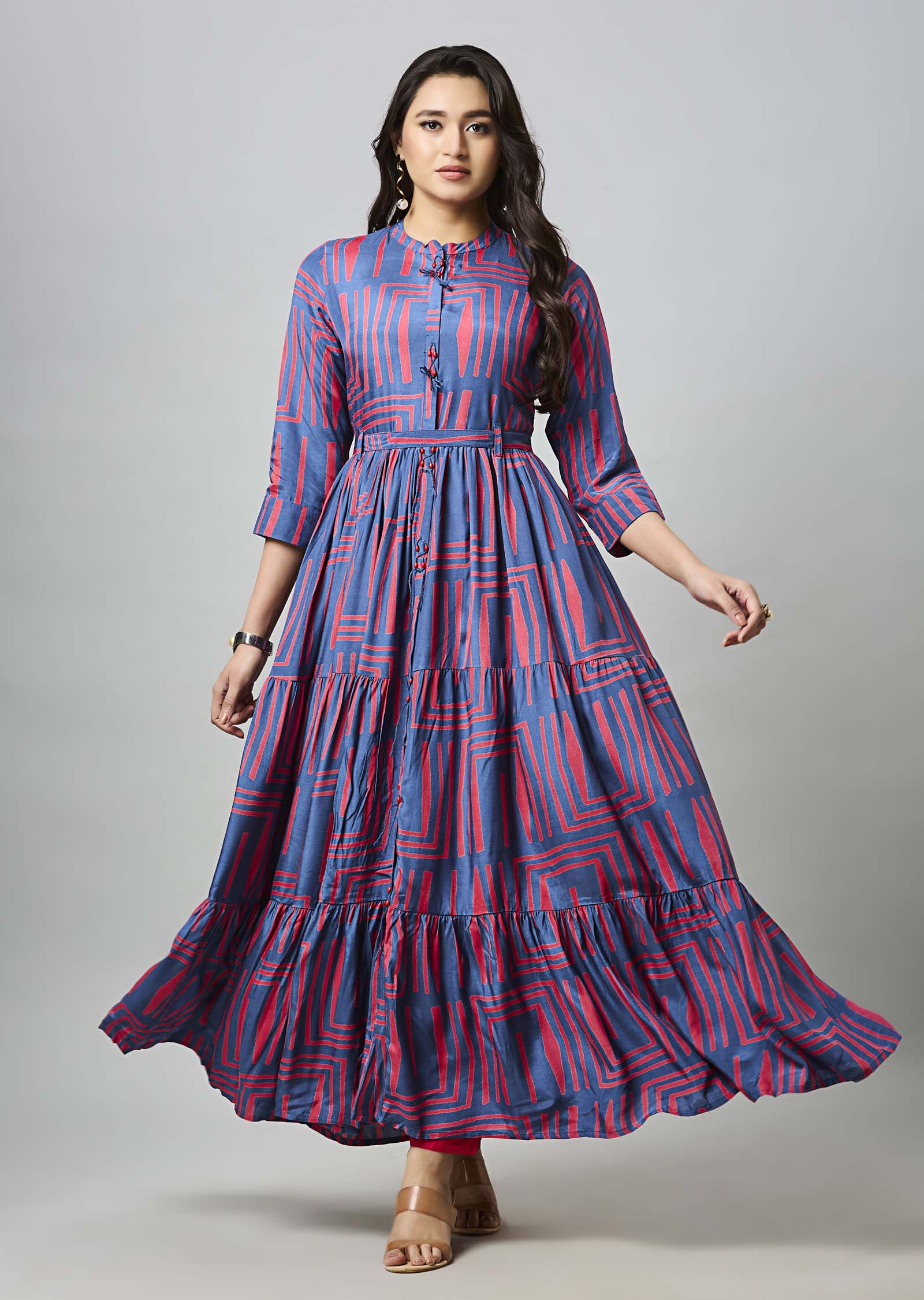 Teal Blue & Pink Muslin Long Dress