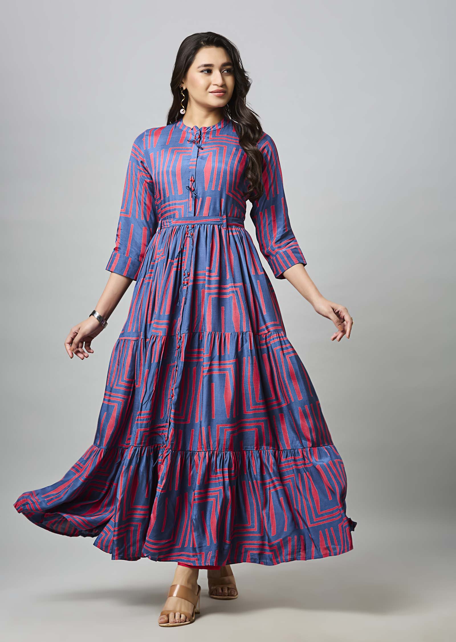 Teal Blue & Pink Muslin Long Dress