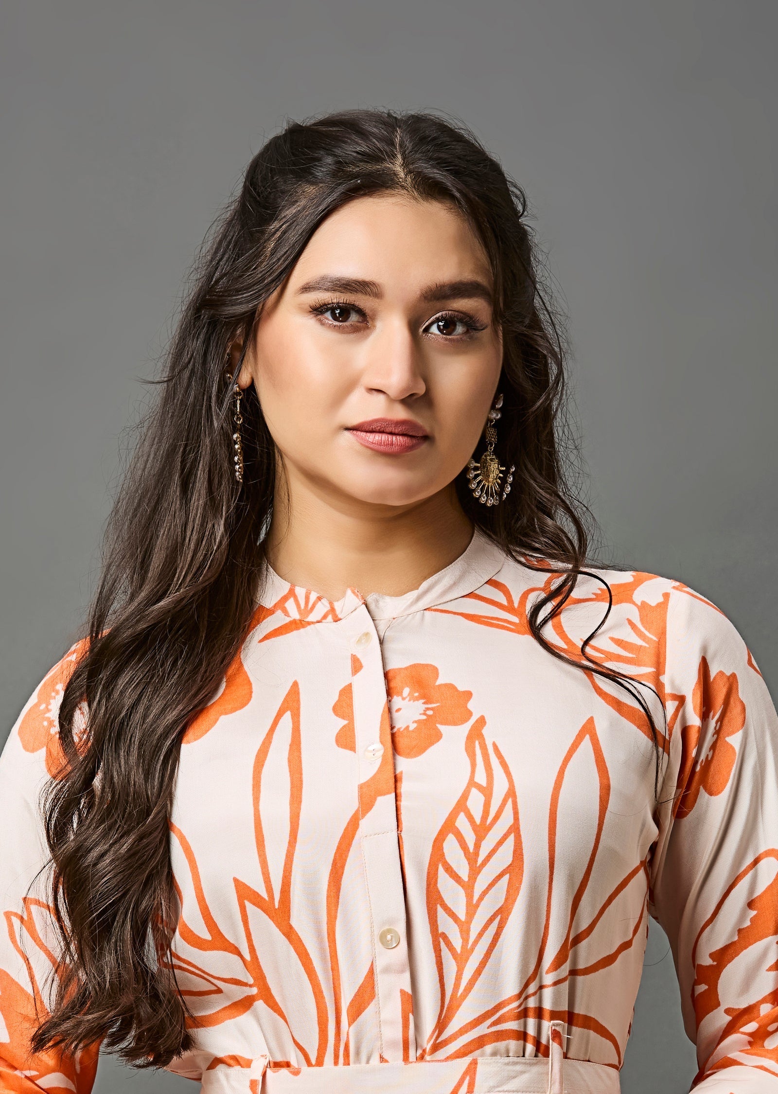 Light Peach & Orange Muslin Long Dress