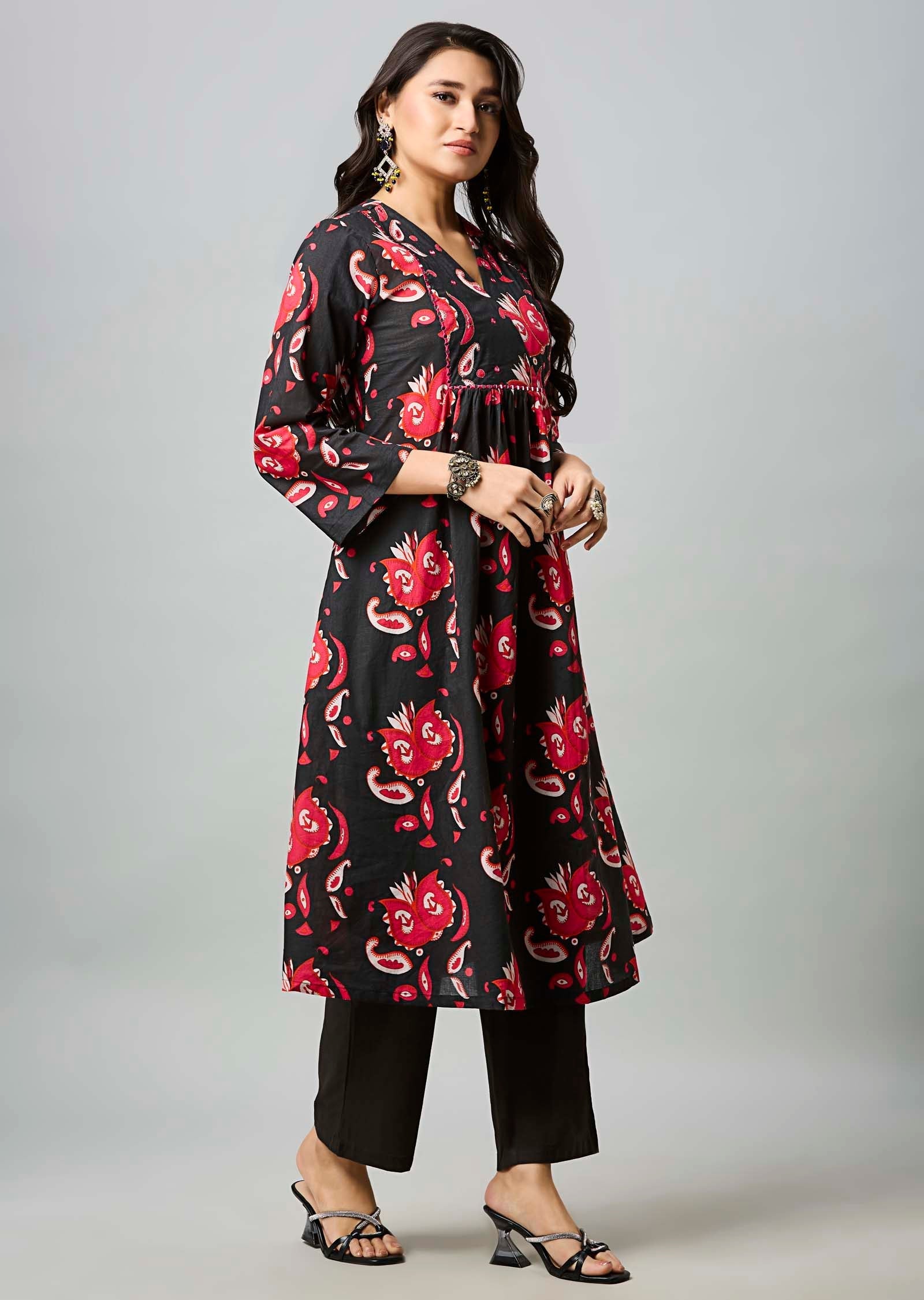 Black & Red Cotton Straight Cut Kurti Set