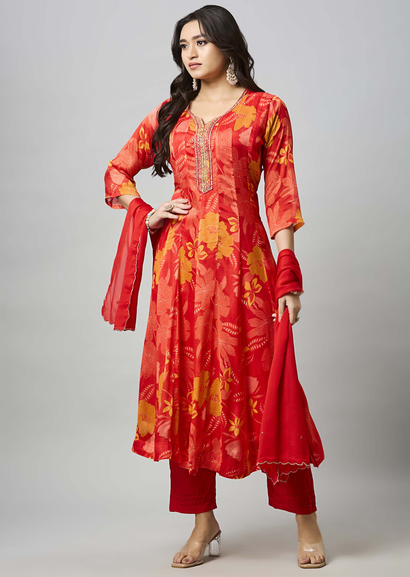 Red Chinnon Anarkali Suit