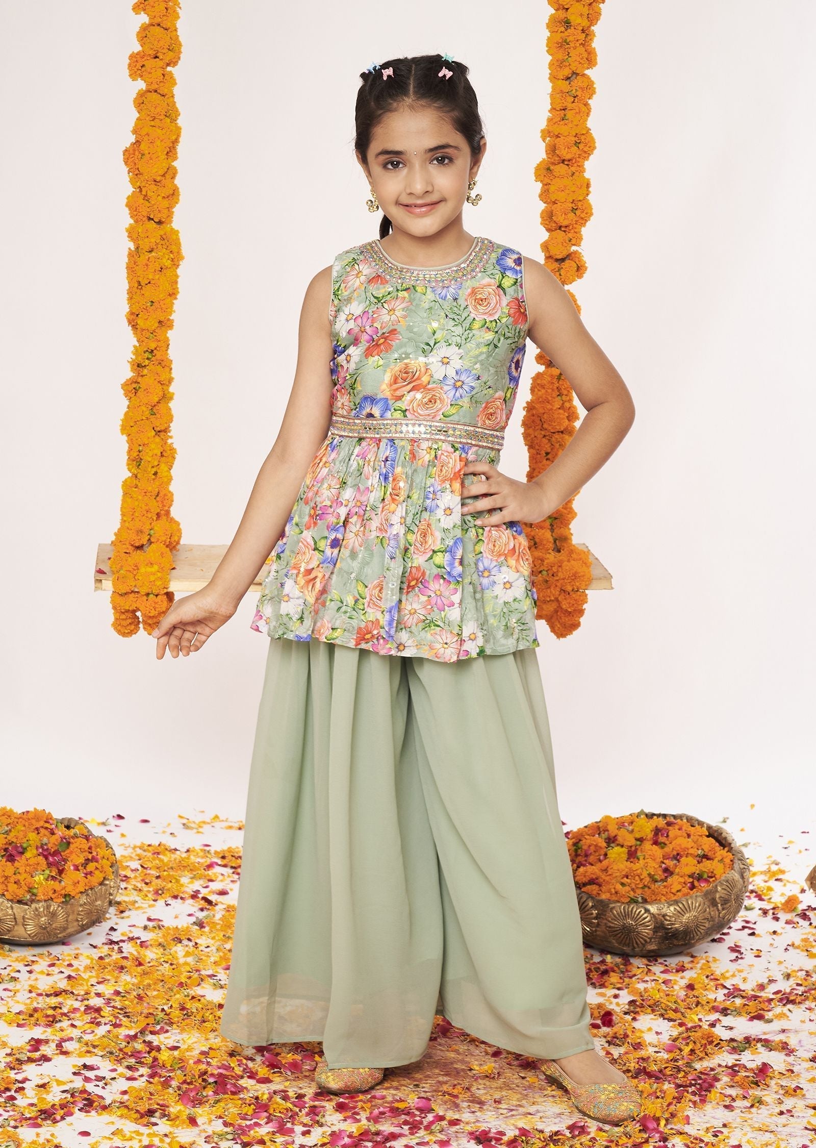 Dusty Green Chinnon Gharara Set