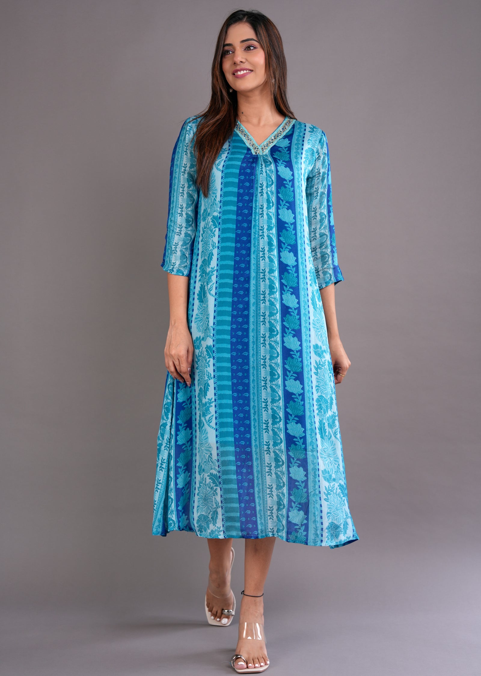 Blue Chinnon Midi Dress