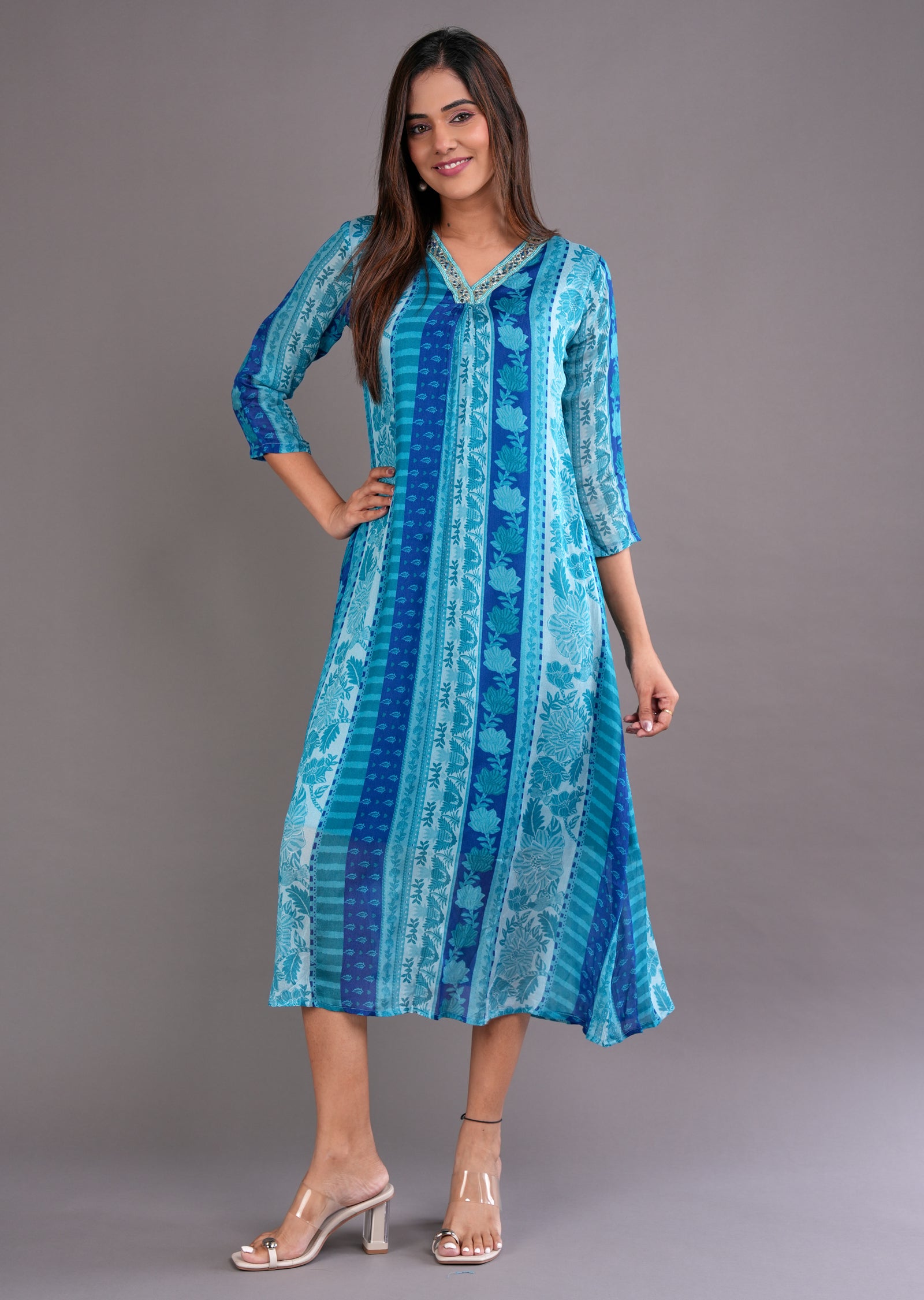 Blue Chinnon Midi Dress