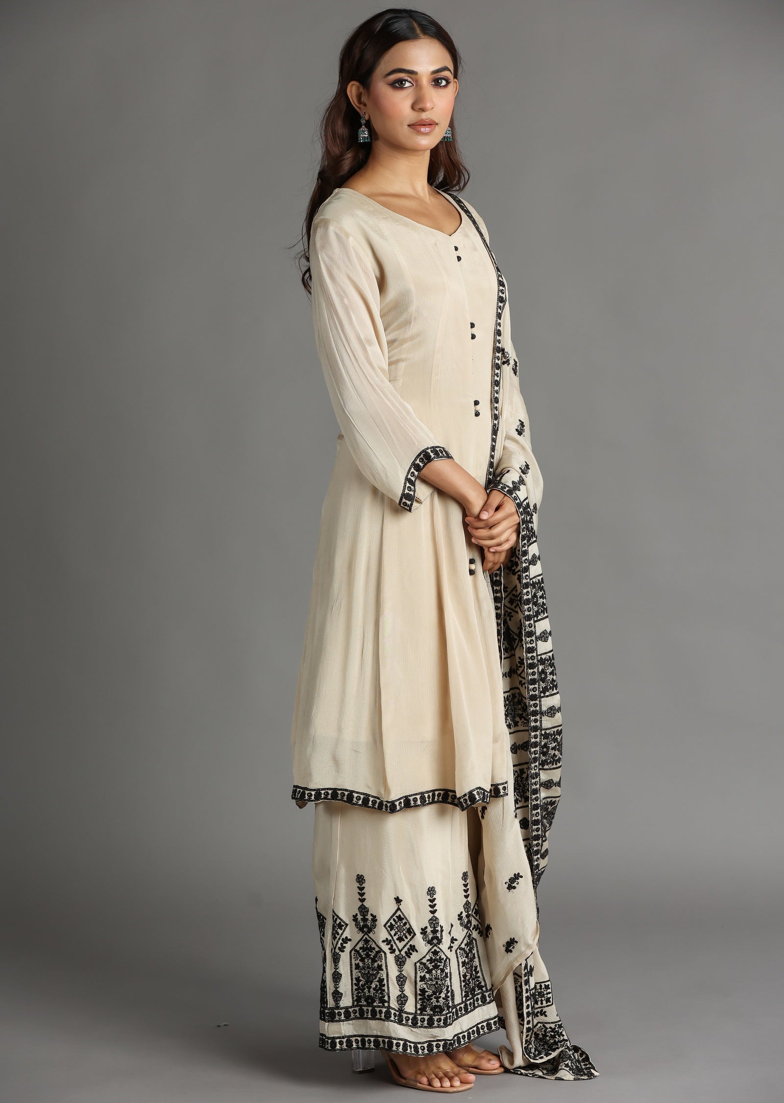 Beige Chinnon Anarkali Suit
