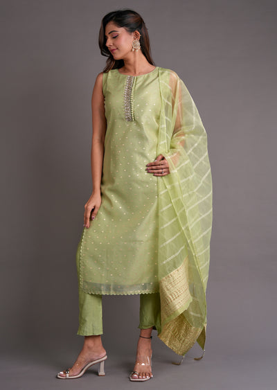 Light Green Organza Straight Cut Suit