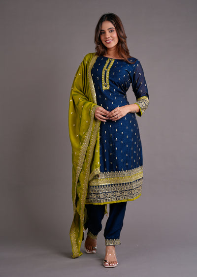 Navy Blue Silk Straight Cut Suit