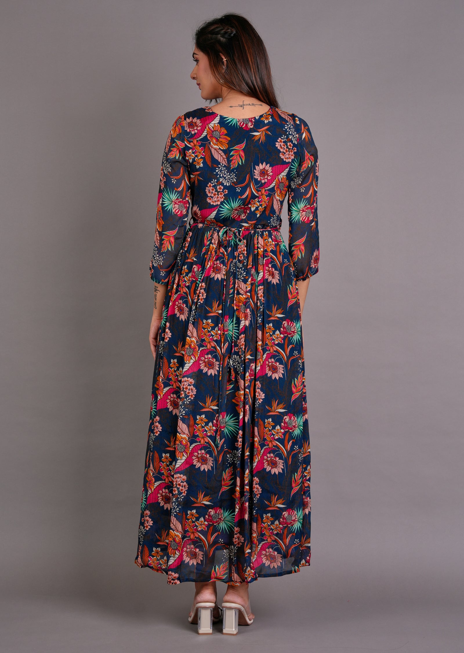 Teal Blue Chinnon Long Dress