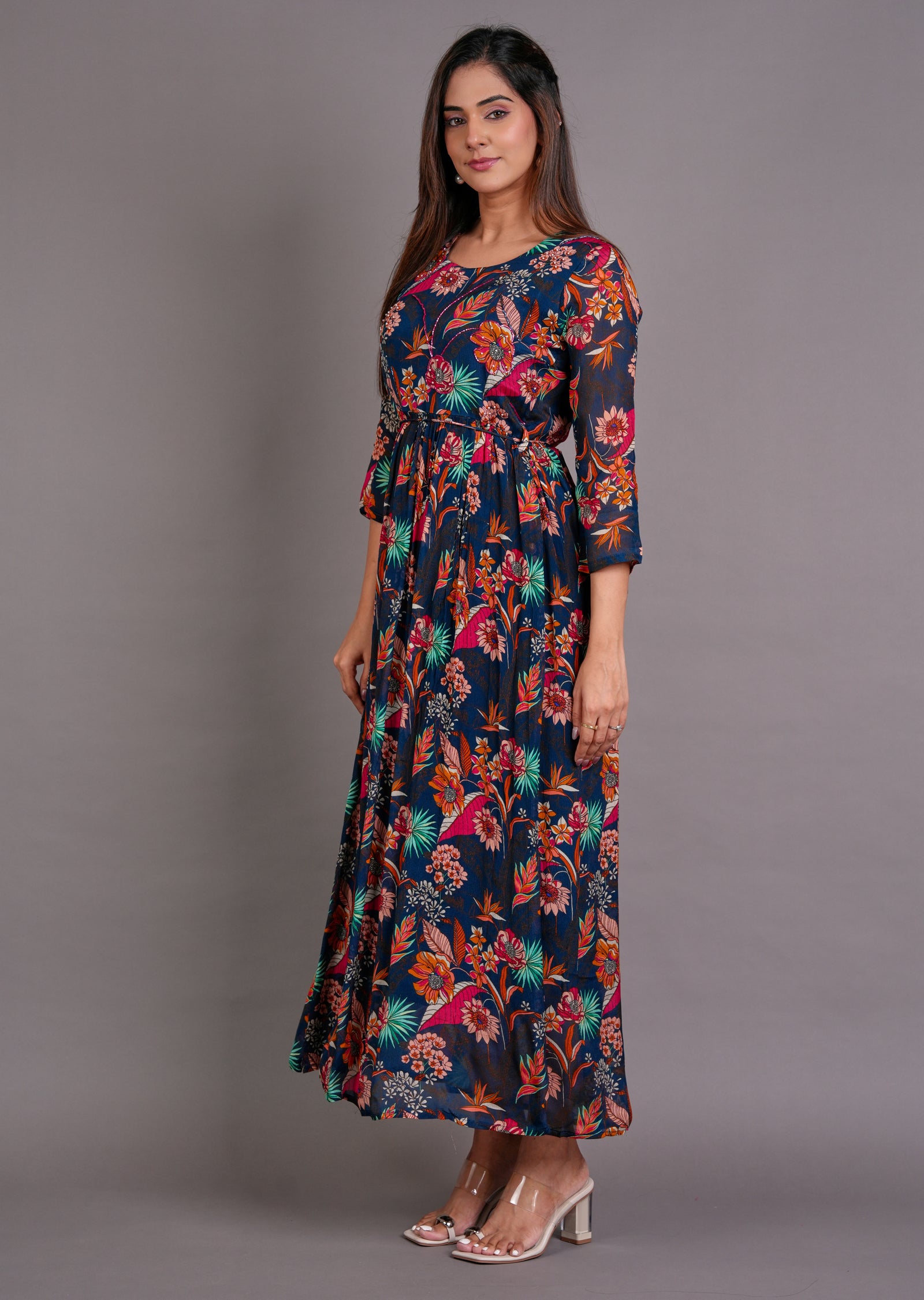 Teal Blue Chinnon Long Dress