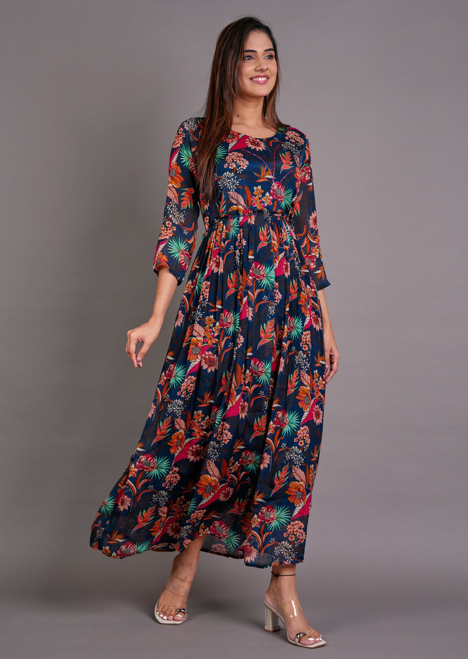 Teal Blue Chinnon Long Dress