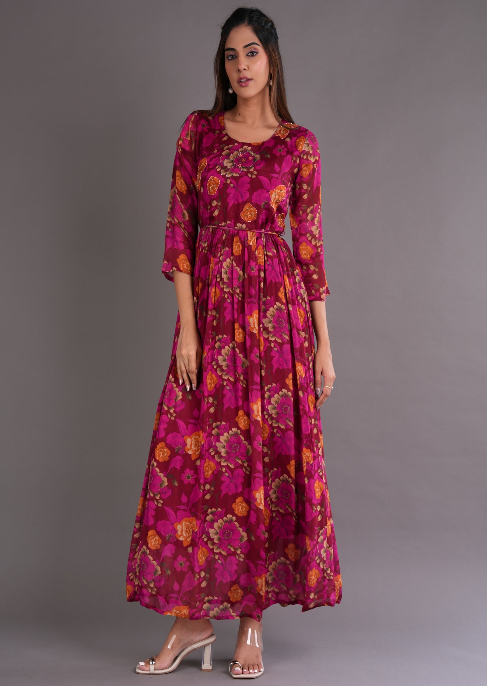 Maroon Chinnon Long Dress