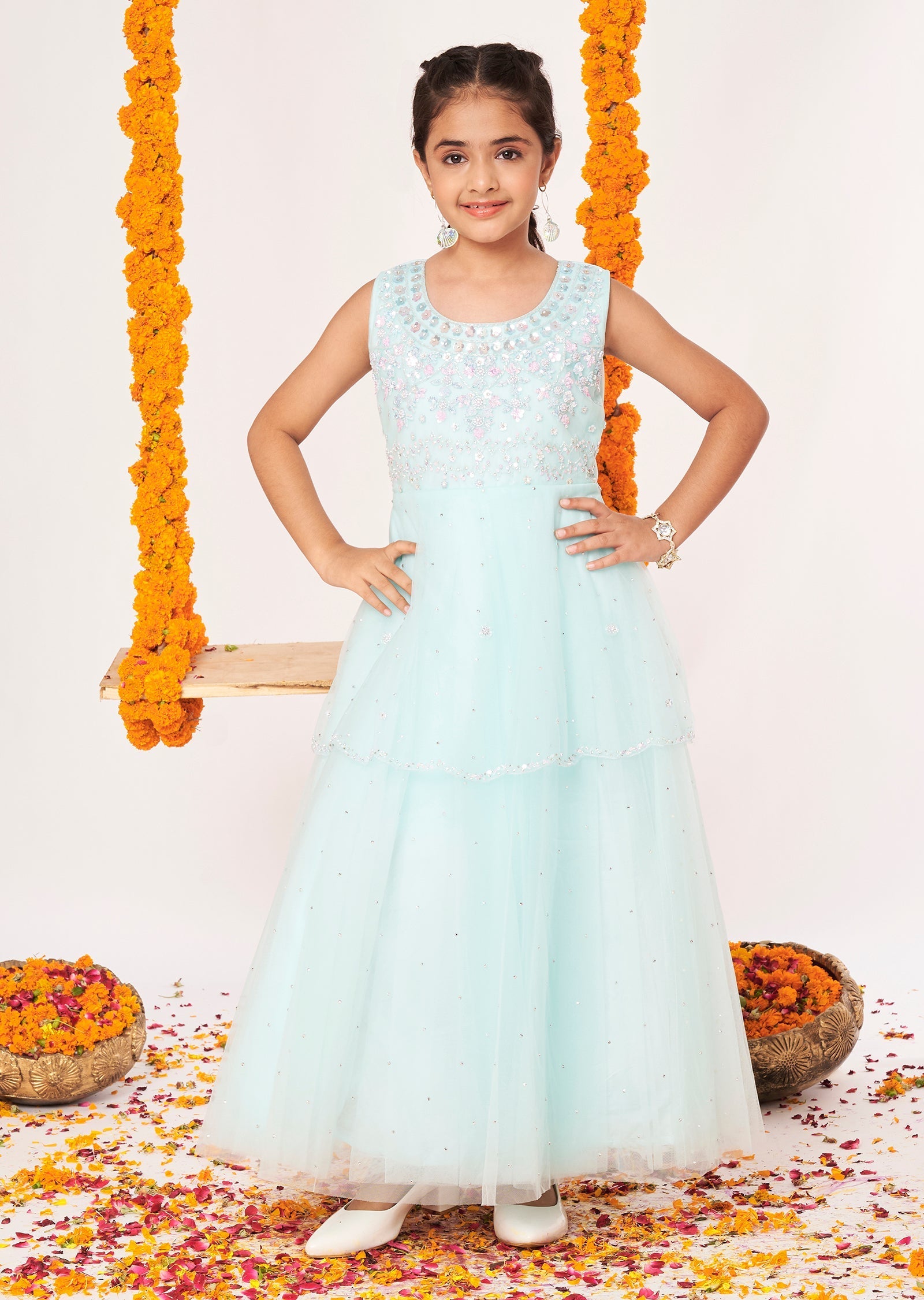 Light Blue Net Ethnic Gown