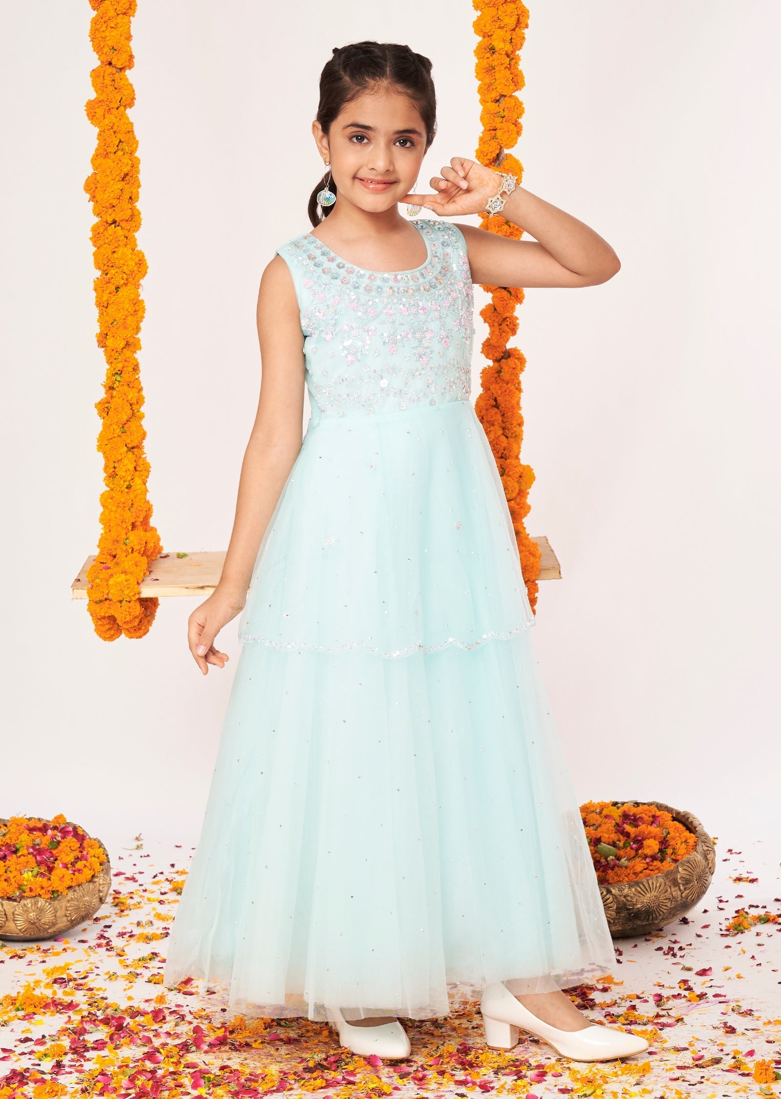Light Blue Net Ethnic Gown