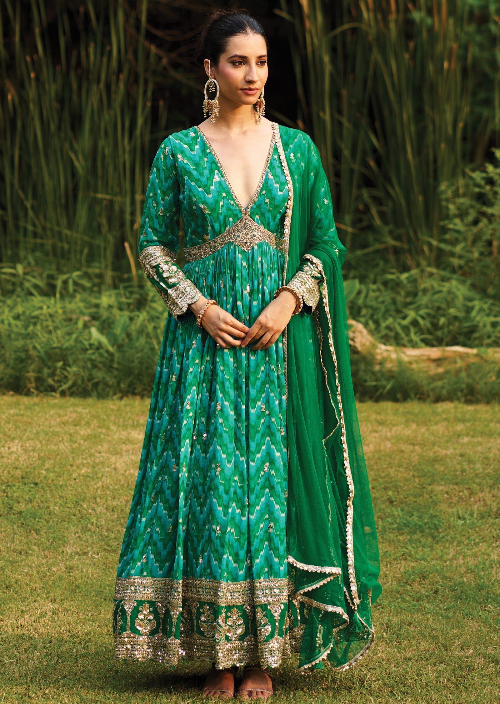 Rama Green Chinnon Anarkali Suit