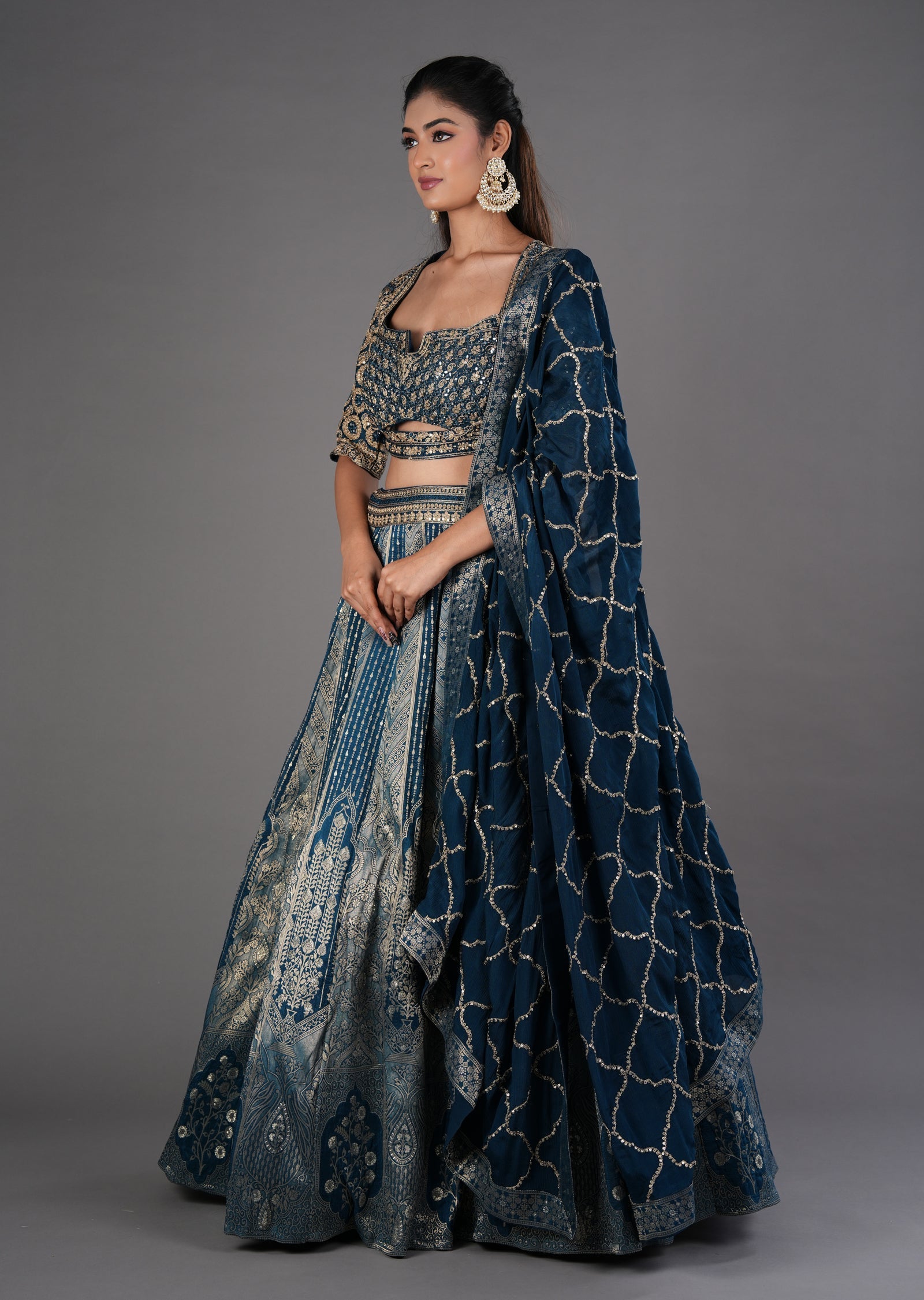 Teal Blue Silk Lehenga
