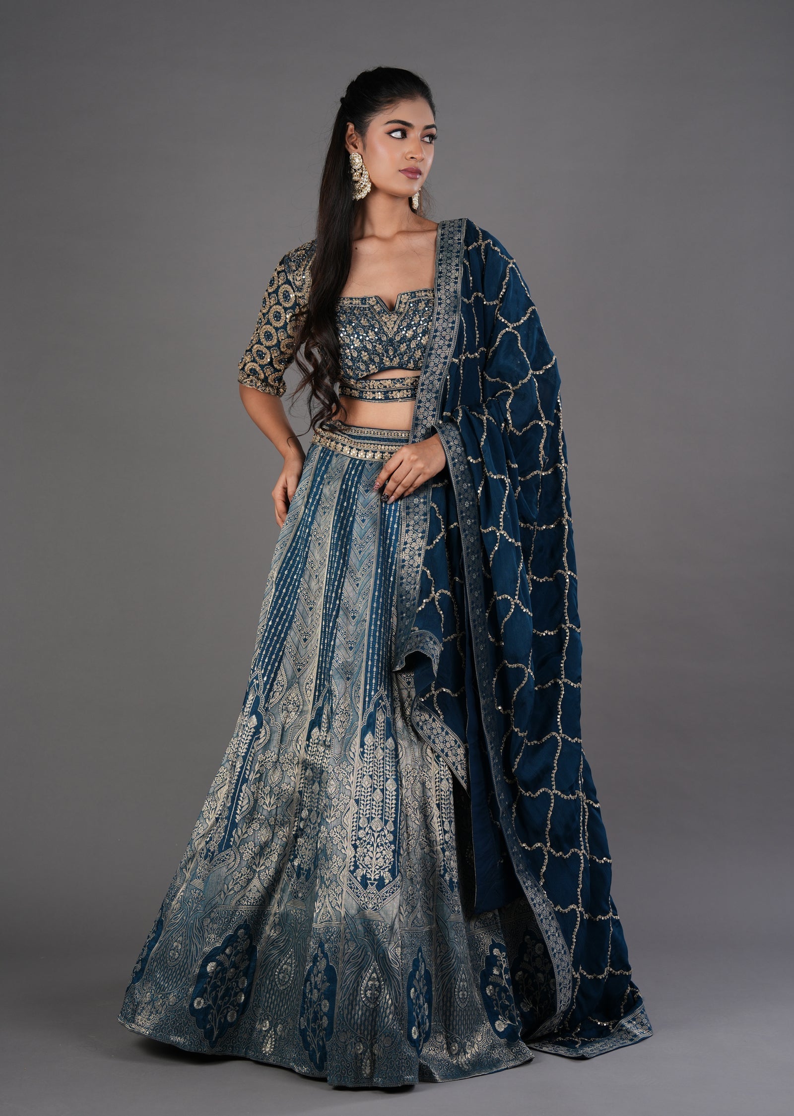 Teal Blue Silk Lehenga