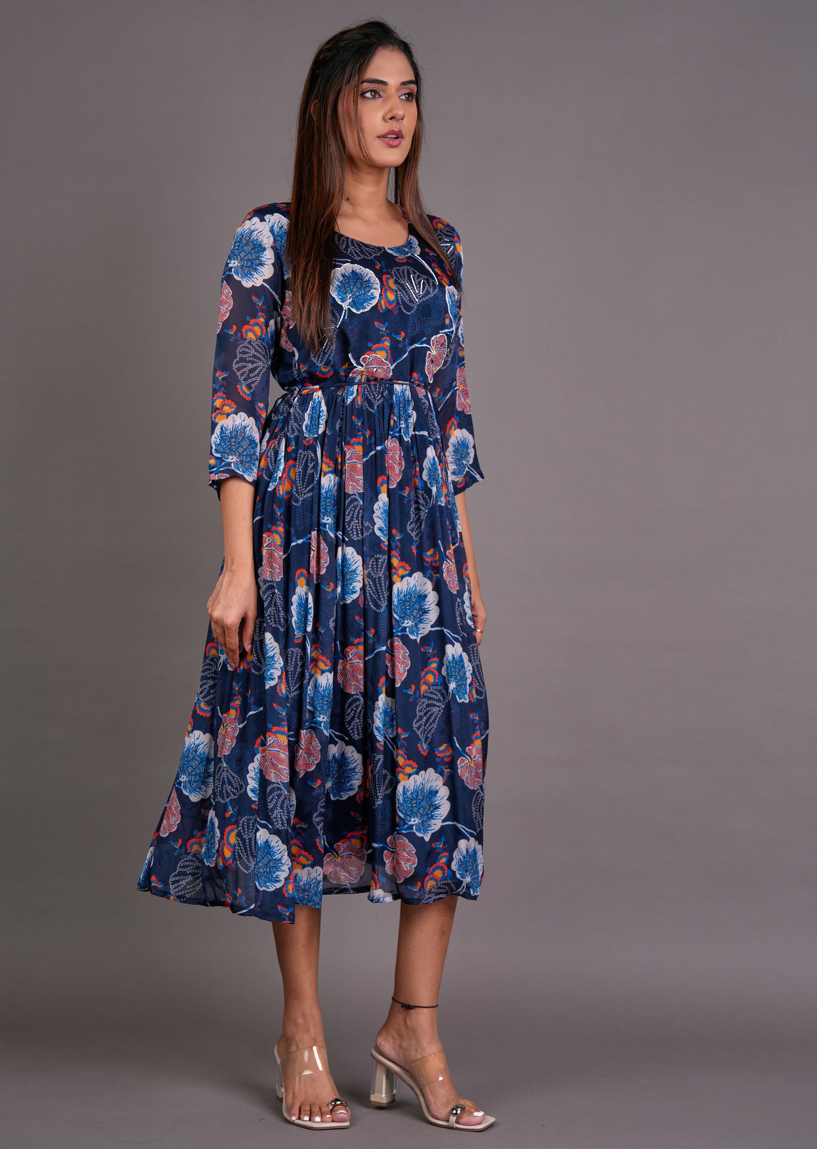 Navy Blue Chinnon Midi Dress