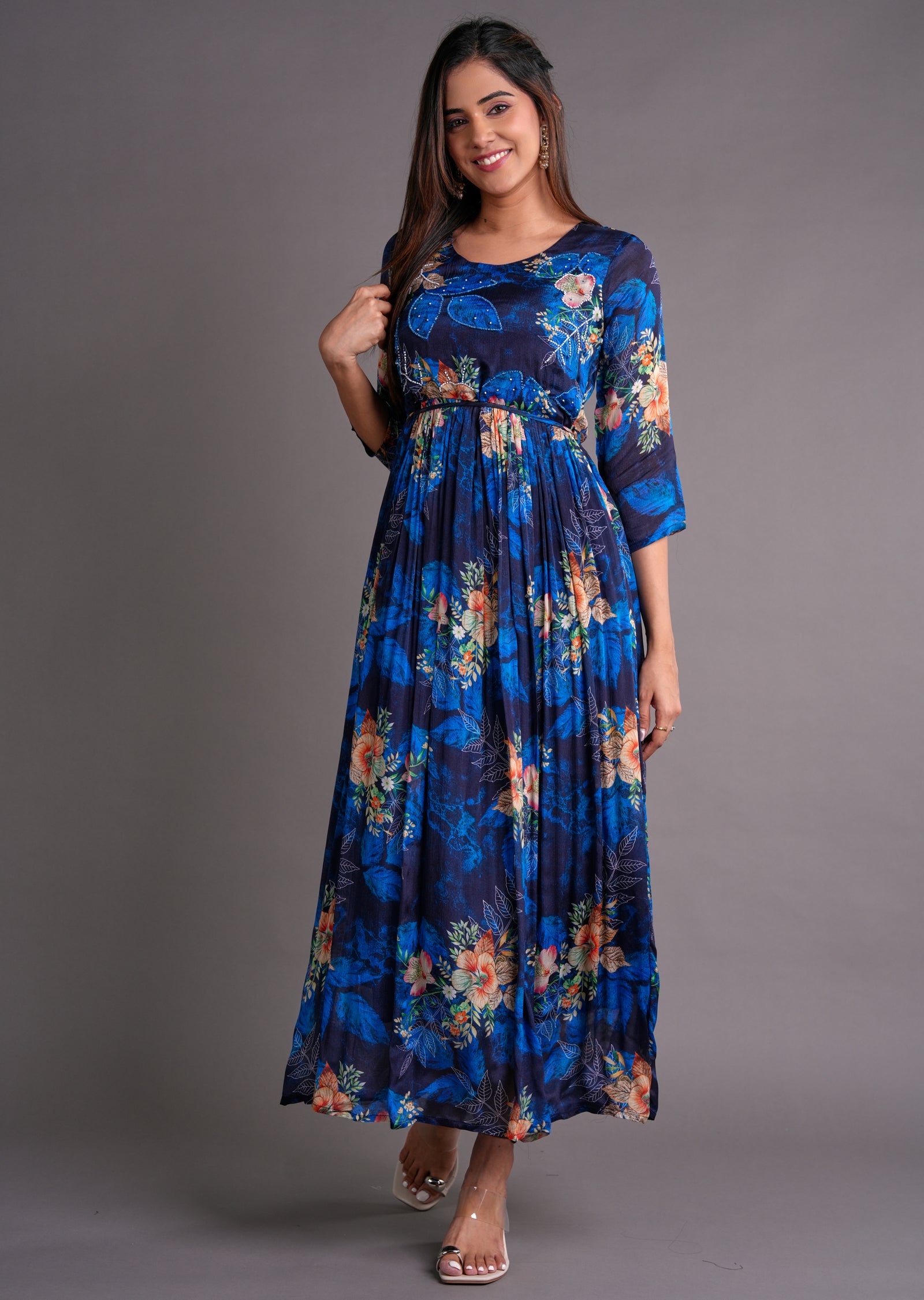 Navy Blue Chinnon Long Dress