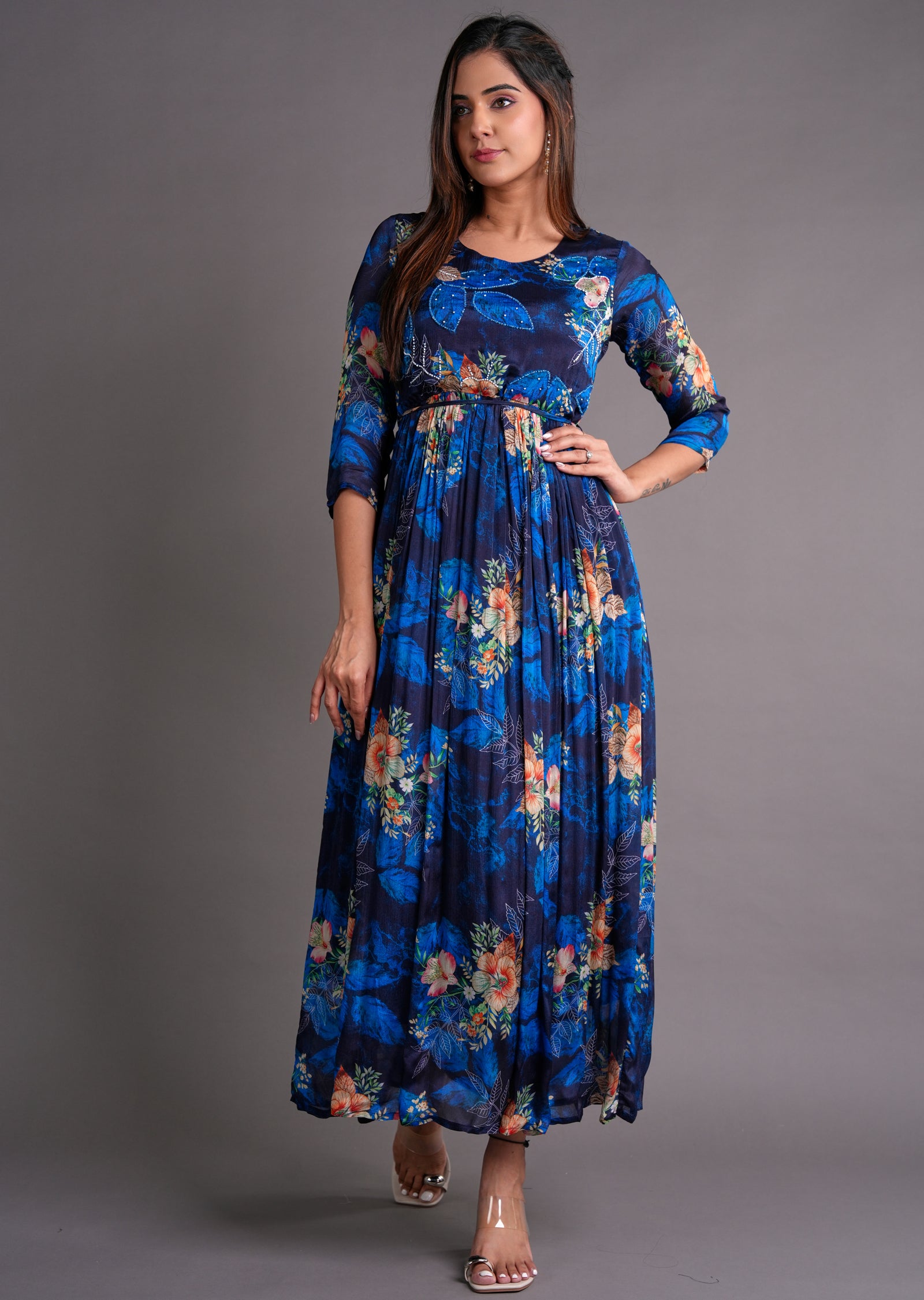 Navy Blue Chinnon Long Dress