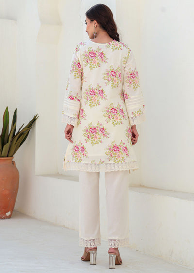 Off White Cotton Straight Cut Kurti Set