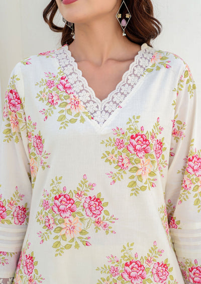 Off White Cotton Straight Cut Kurti Set