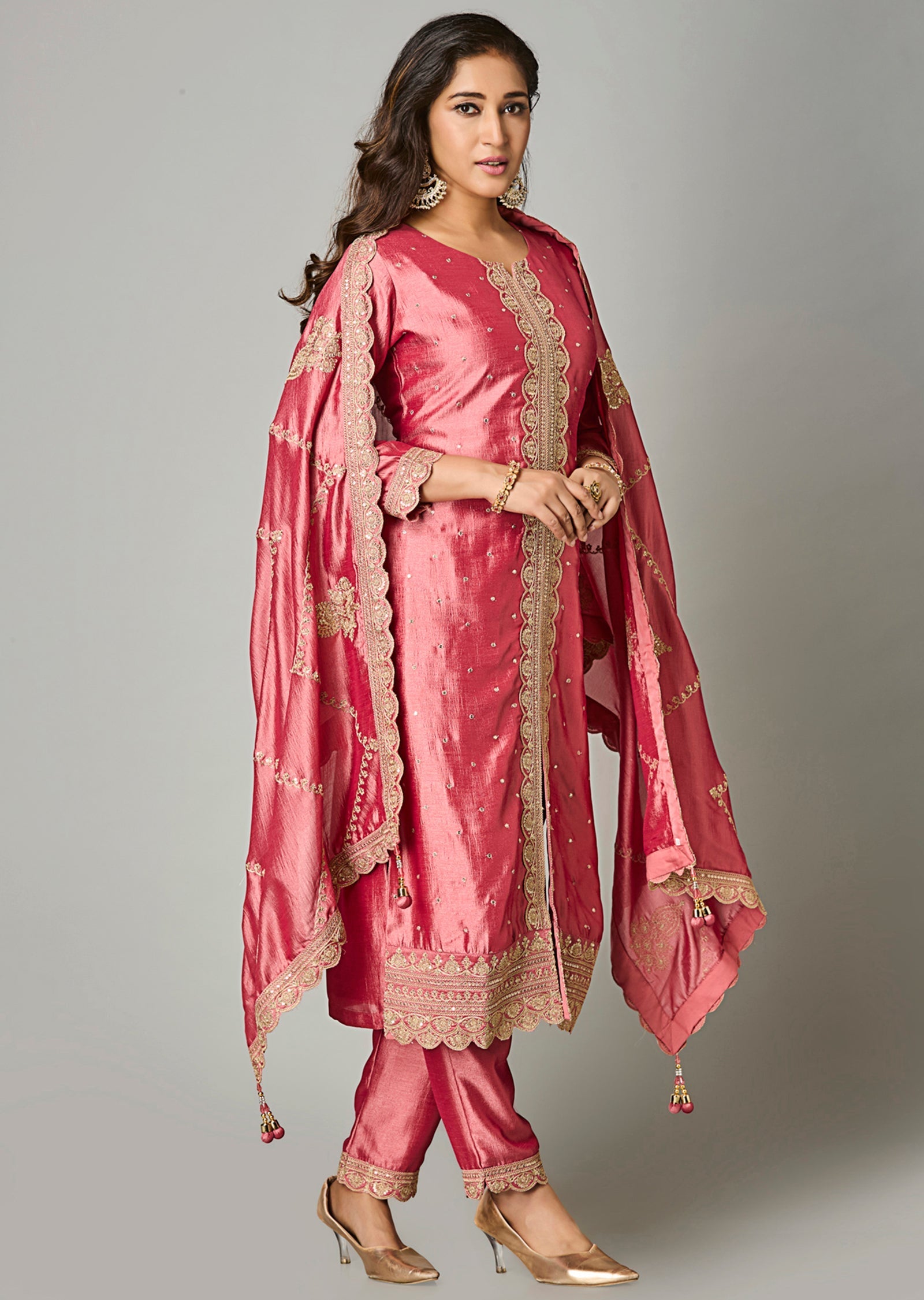 Onion Pink Silk Straight Cut Suit
