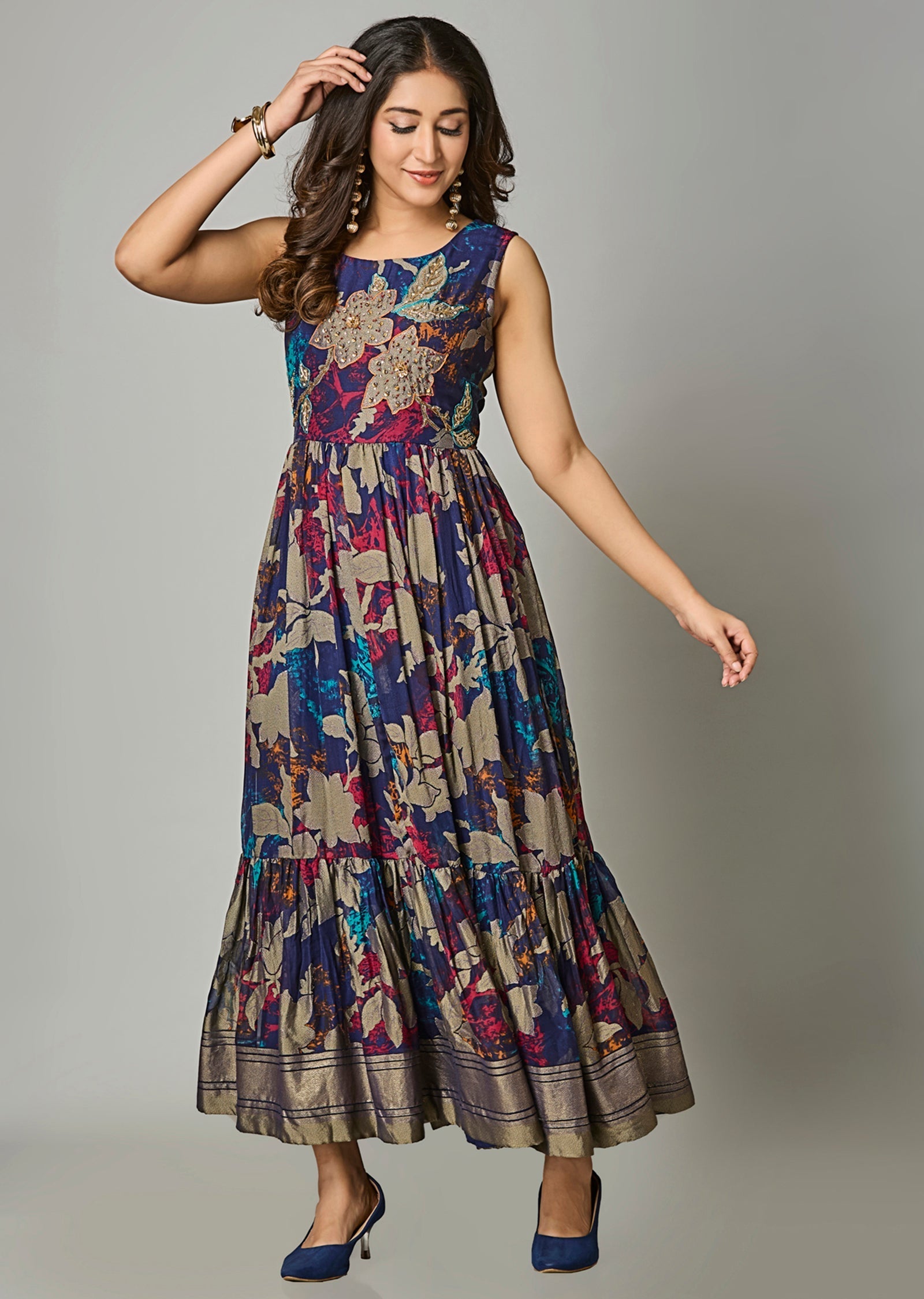 Navy Blue Chiffon Long Dress