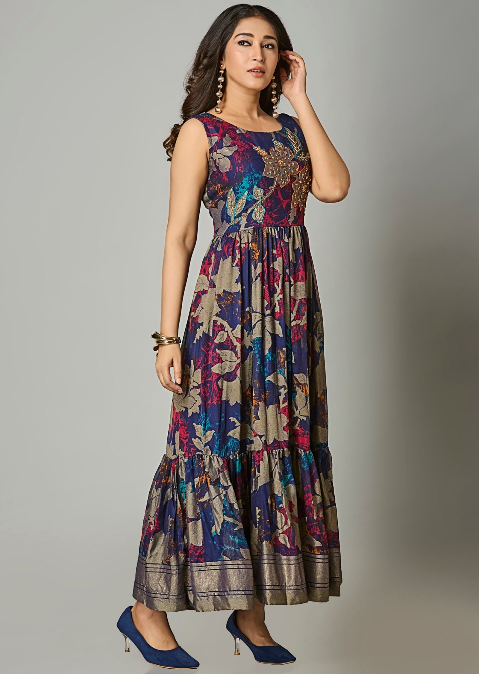 Navy Blue Chiffon Long Dress