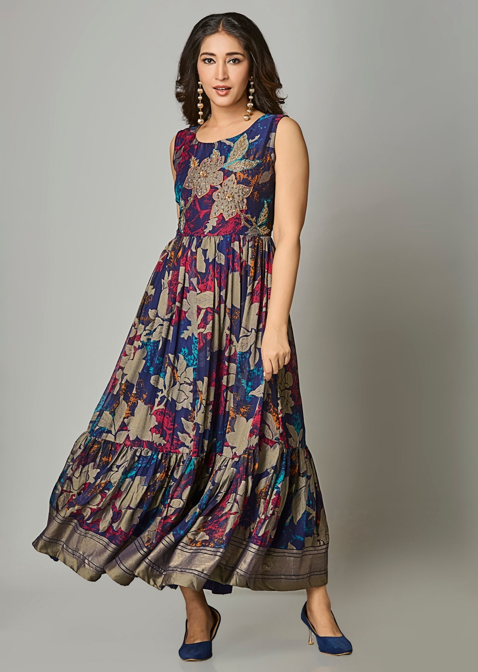 Navy Blue Chiffon Long Dress