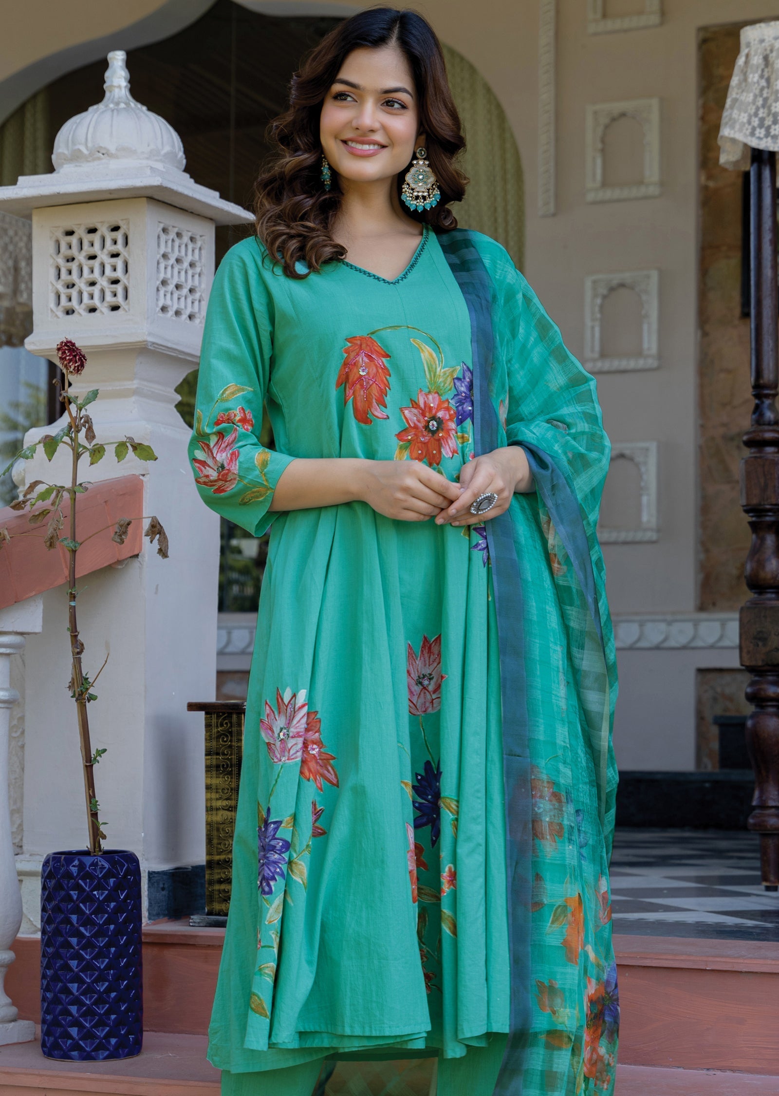 Dusty Green Cotton Anarkali Suit