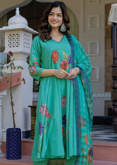 Dusty Green Cotton Anarkali Suit