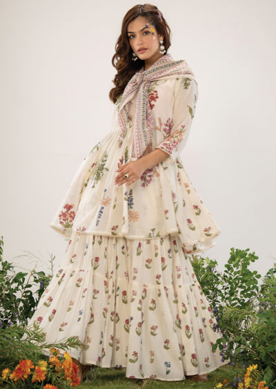 Off White Cotton Straight Cut Kurti Set