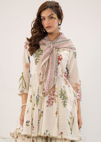 Off White Cotton Straight Cut Kurti Set