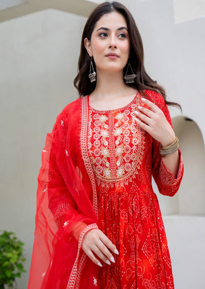 Red Rayon Anarkali Suit