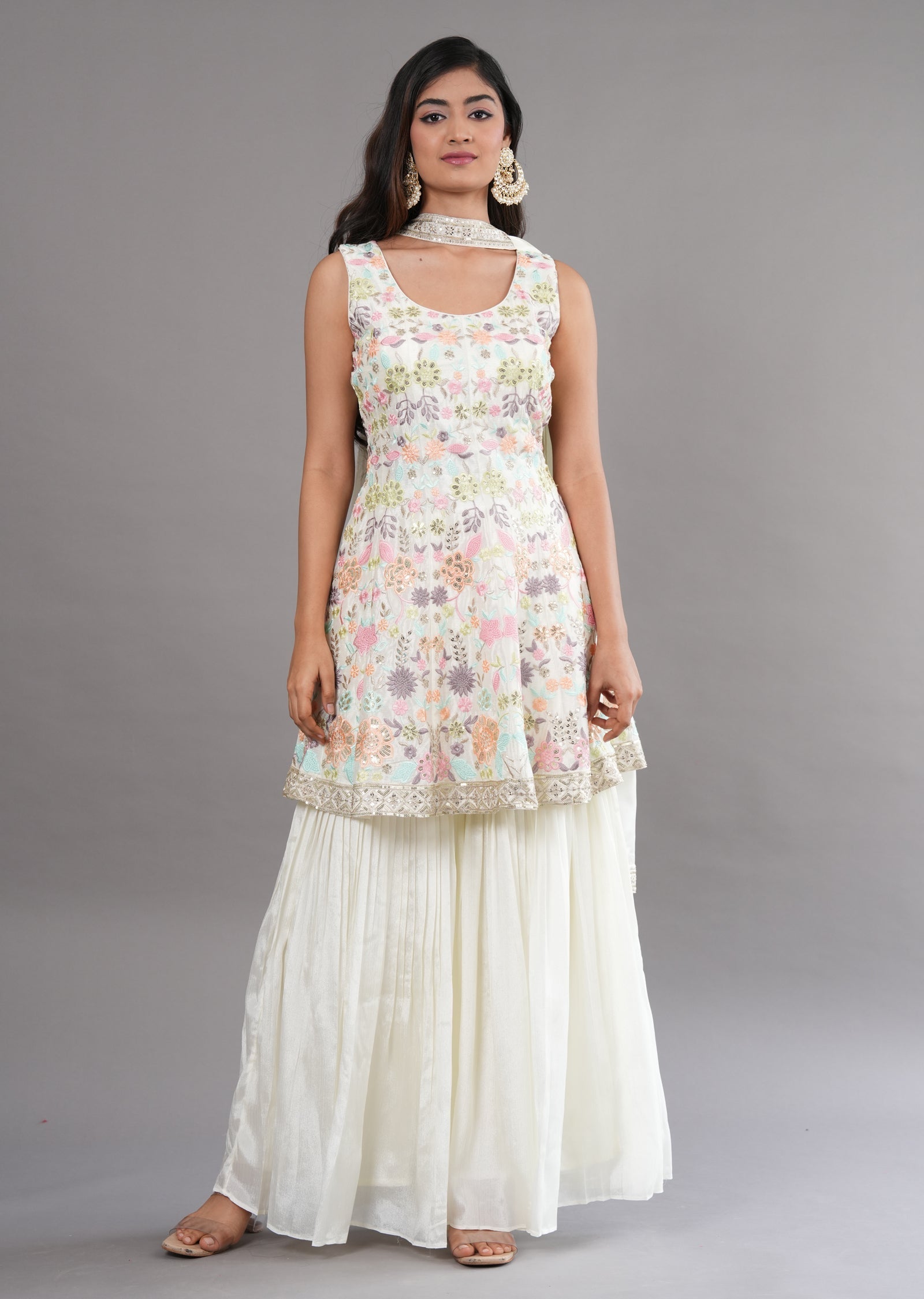 Cream Chinnon Shararas Ghararas Set