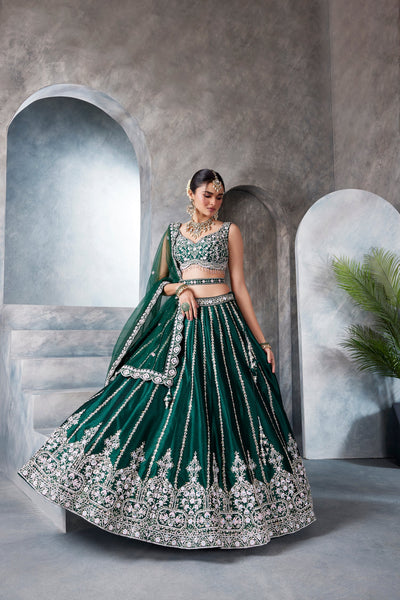Bottle Green Raw Silk Lehenga Set