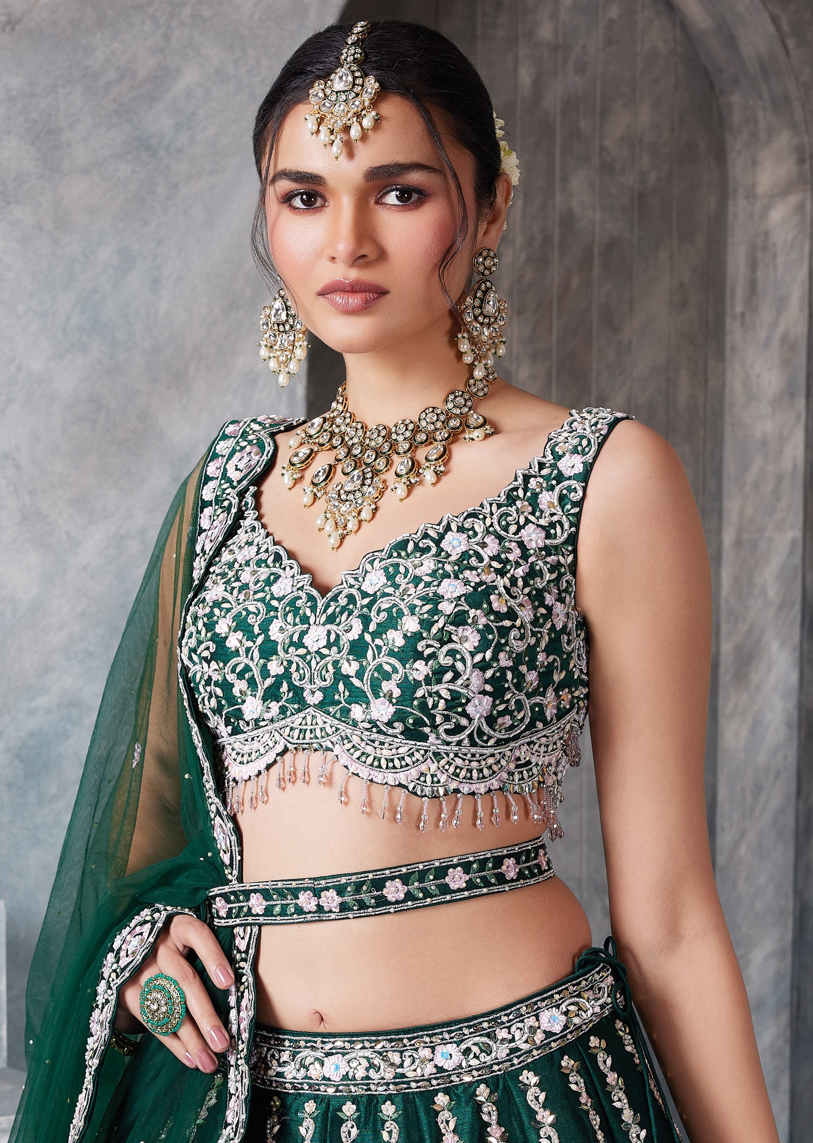 Bottle Green Raw Silk Lehenga Set