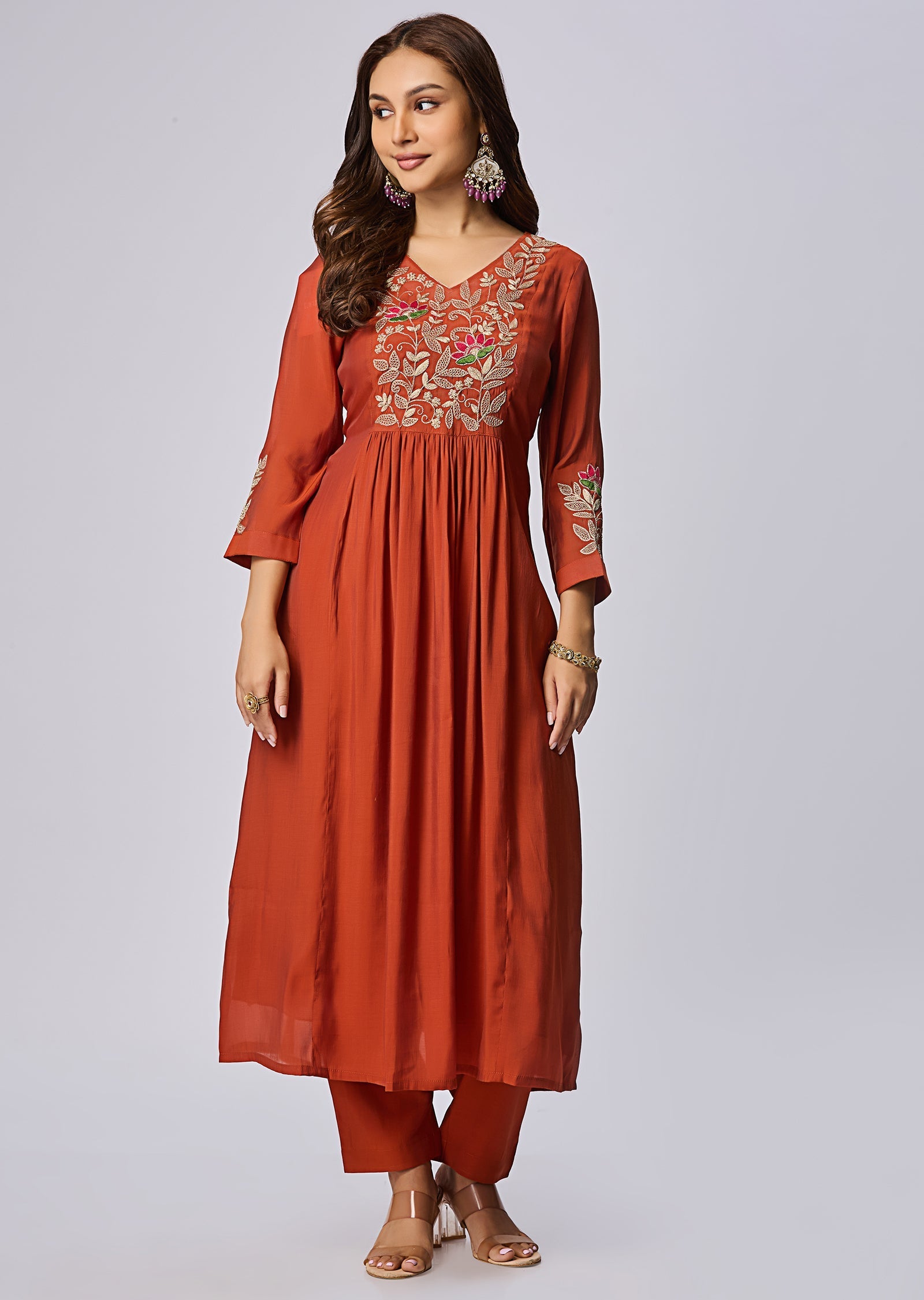 Rust Mul Chanderi Anarkali Suit