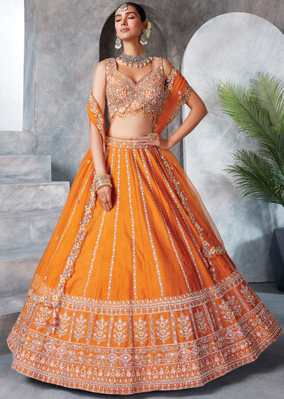 Orange Raw Silk Lehenga Set