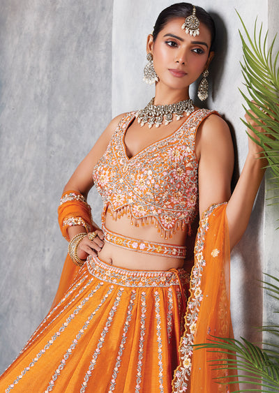 Orange Raw Silk Lehenga Set